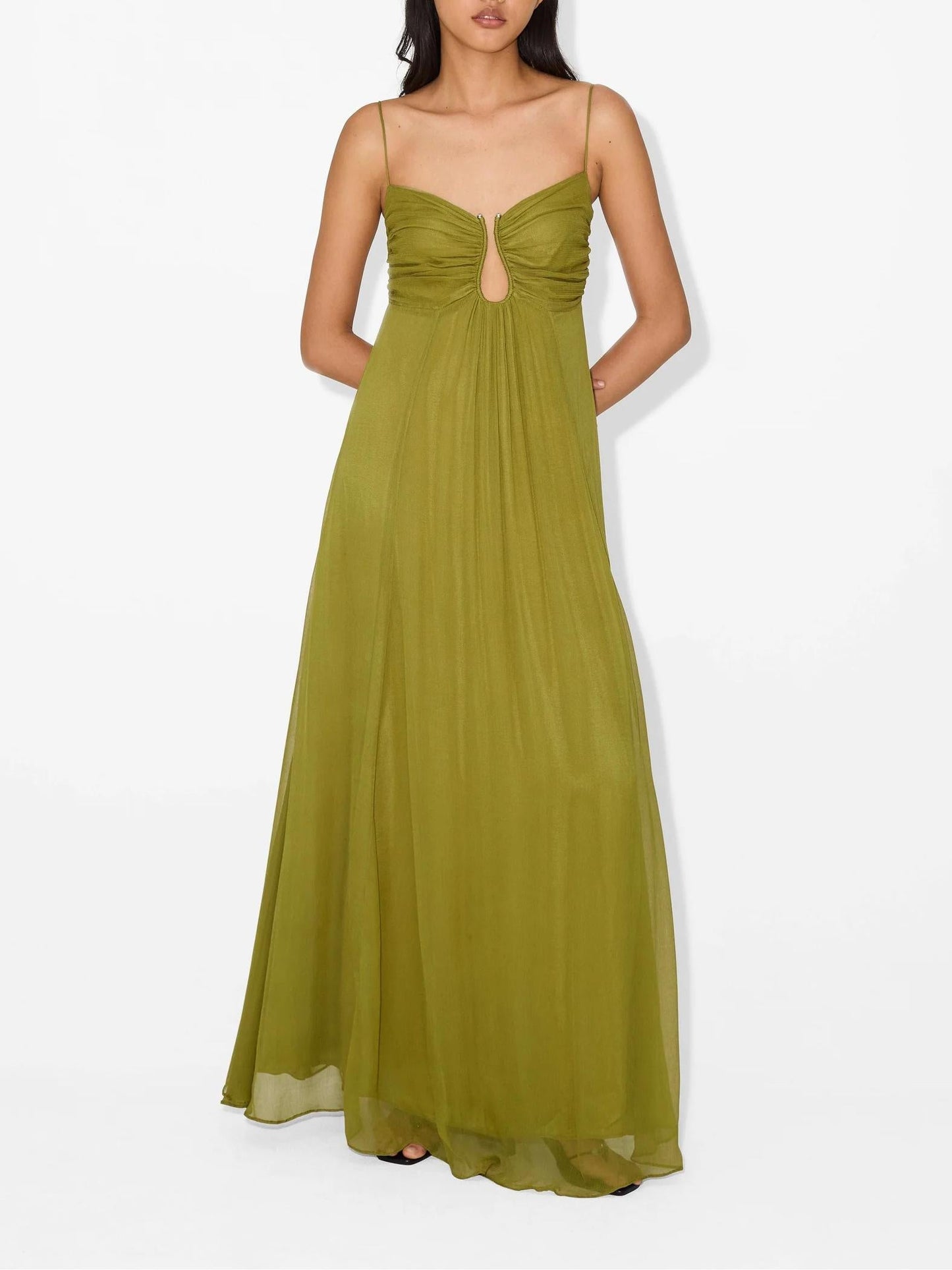 Sweetheart Spaghetti Strap Keyhole Empire Pleated Chiffon Maxi Gown