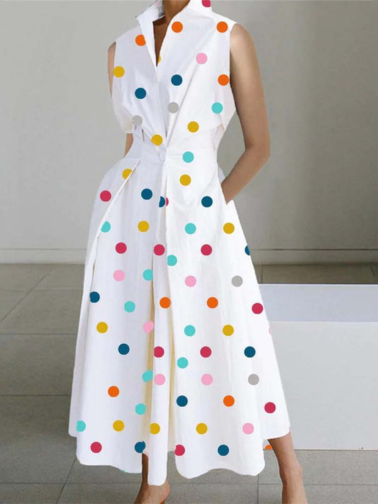 Sleeveless Collar Button Front Polka Dot Wide Leg Jumpsuit