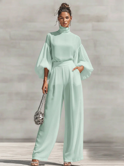 Chiffon Stand-up Collar Puff Sleeve High-waisted Draped Wide-leg Pants Two-piece Set