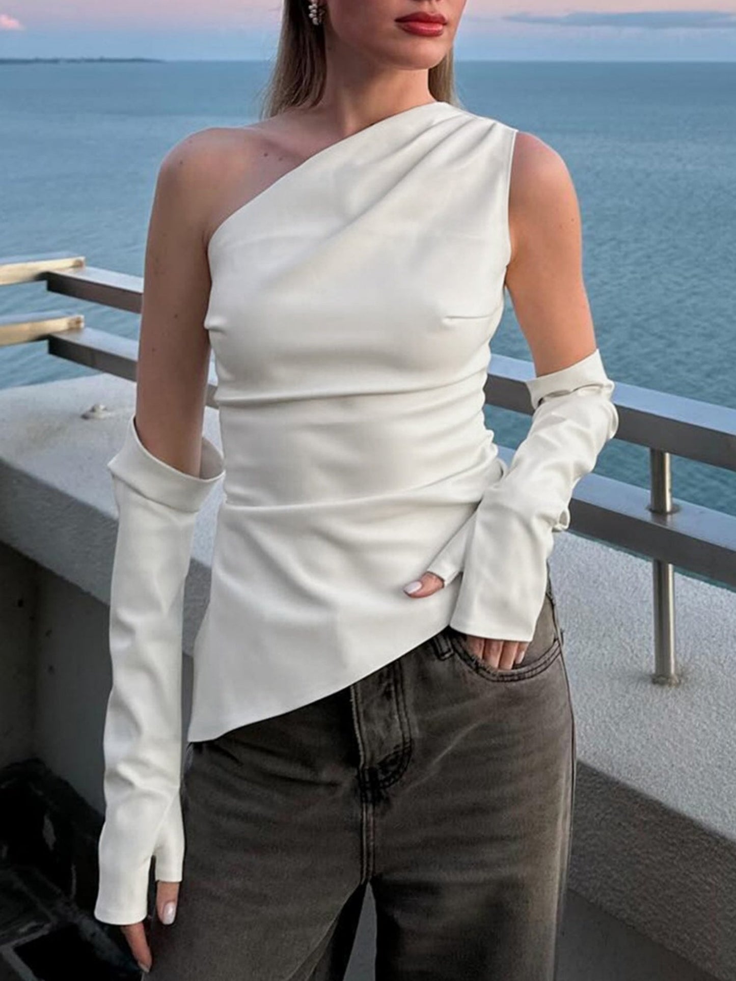 PU Leather Sleeveless Asymmetrical Neck Vest With Arm Sleeves Jacket