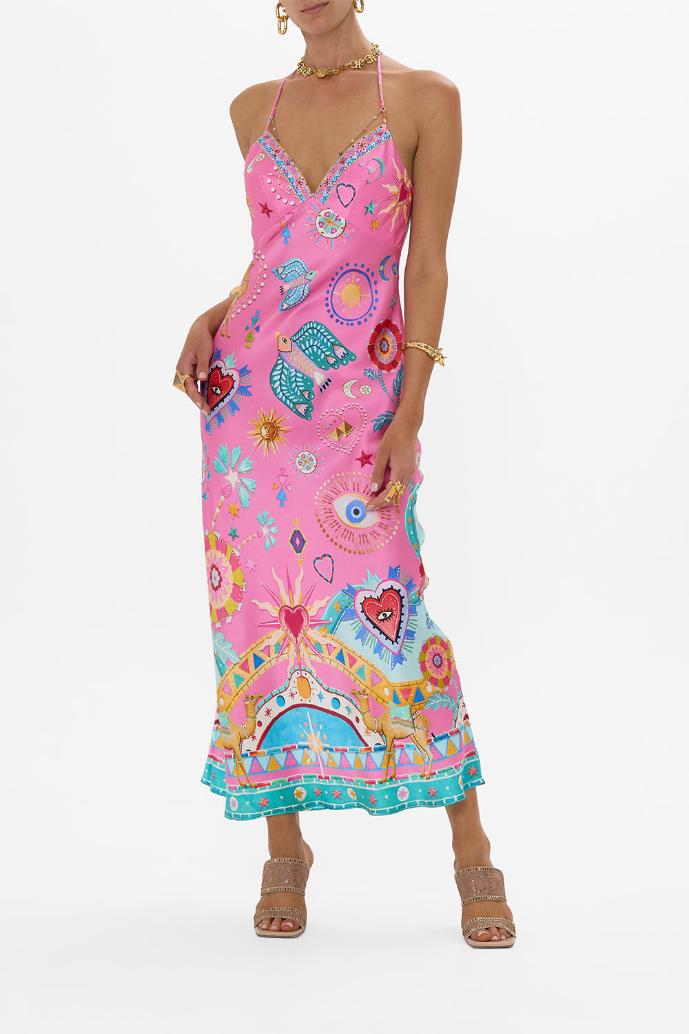 V Neck Beaded Trim Halter Strap Celestial Print Border Hem Maxi Dress