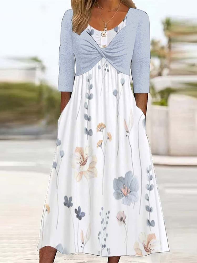 Twist Front Layered 3/4 Sleeve Empire Waist Floral Print Pocket Midi Dress