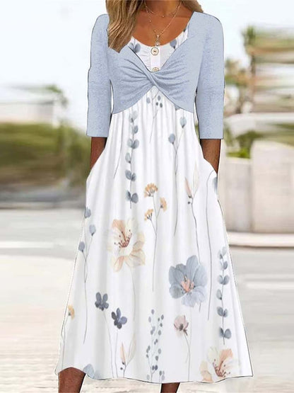 Twist Front Layered 3/4 Sleeve Empire Waist Floral Print Pocket Midi Dress
