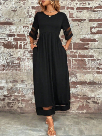 Half Sleeves Spliced Mesh Loose-fit Comfort Midi Dresses