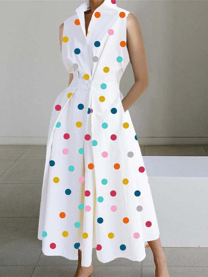 Sleeveless Collar Button Front Polka Dot Wide Leg Jumpsuit