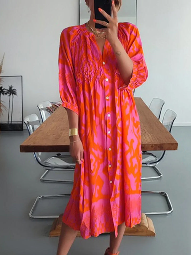 Abstract Print Smocked Bodice Button-Front Three-Quarter Sleeve Midi Shirt Dress