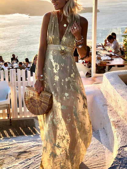Deep V-Neck Sleeveless Empire Waist Metallic Foil Pleated Maxi Dress