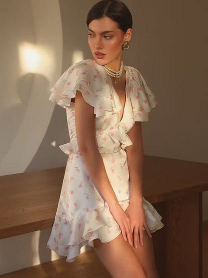 Floral Print Ruffled V-neck Mini&Short Dresses