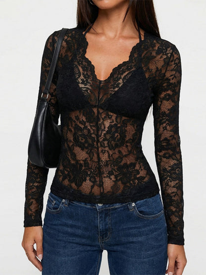 Lace-trimmed Long-sleeved Sheer Top