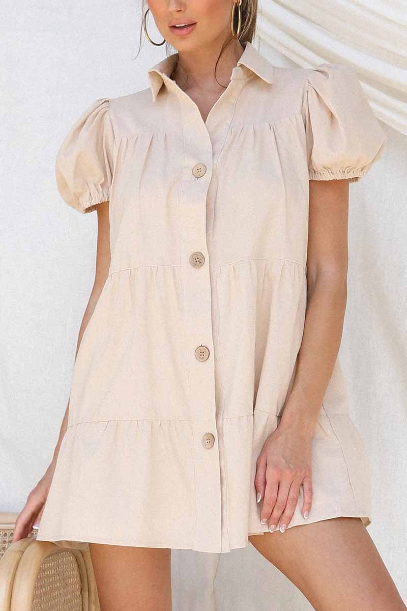 Tiered Puff Sleeve Button-Down Collar Smock Mini Dress