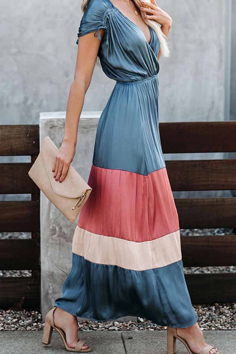 Wrap-Front V-Neck Tie Shoulder Tiered Colorblock Satin Maxi Dress