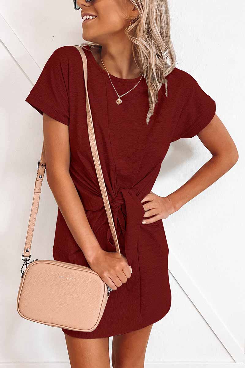 Tie Front Knotted Waist Crew Neck Cuffed Sleeve Jersey Mini Dress