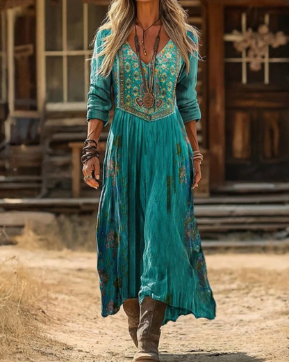 Women's Boho Floral Long Sleeve Dress – Vintage Print Maxi Dress