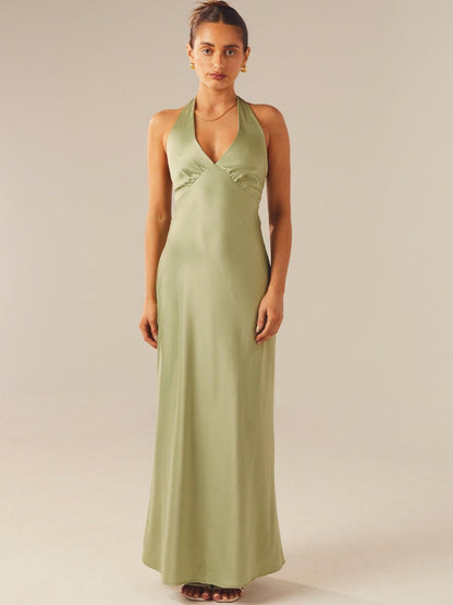Satin V-neck Halter Neck Backless Strappy Maxi Dresses