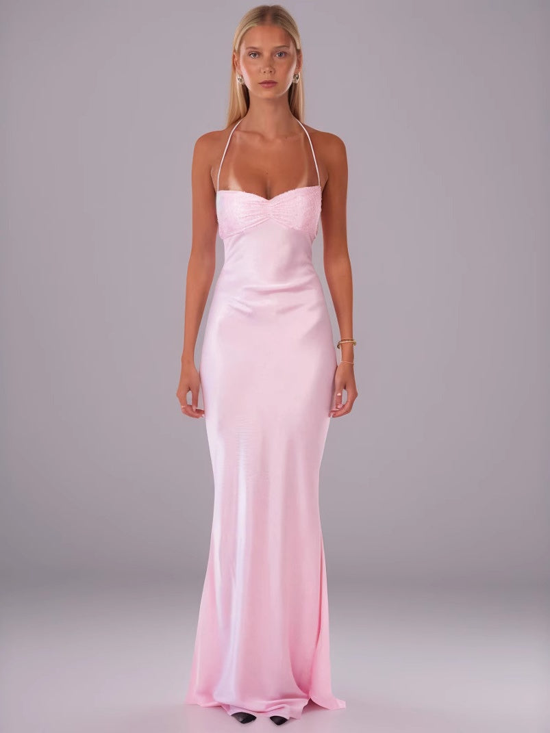 Strapless Sequined Satin Backless Tie-waist Bodycon Maxi Dress