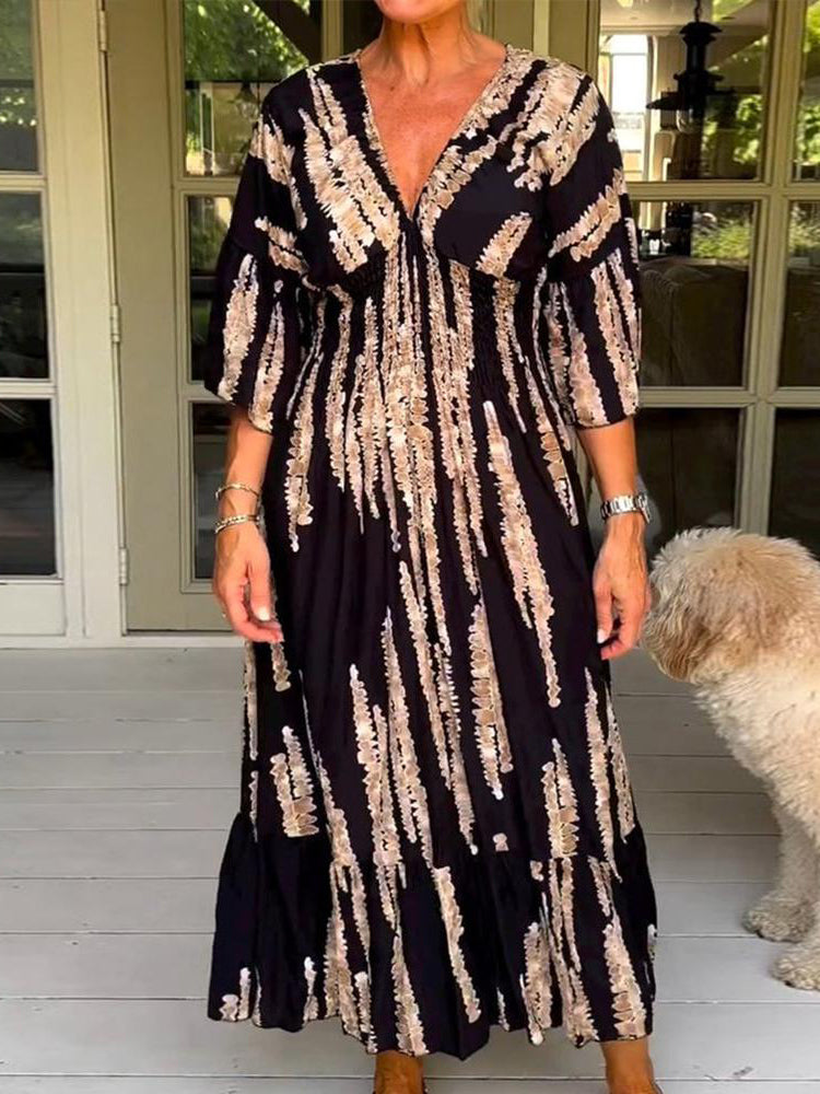 Deep V Neck Smocked Waist Puff Sleeve Abstract Brushstroke Print Tiered Maxi Dress