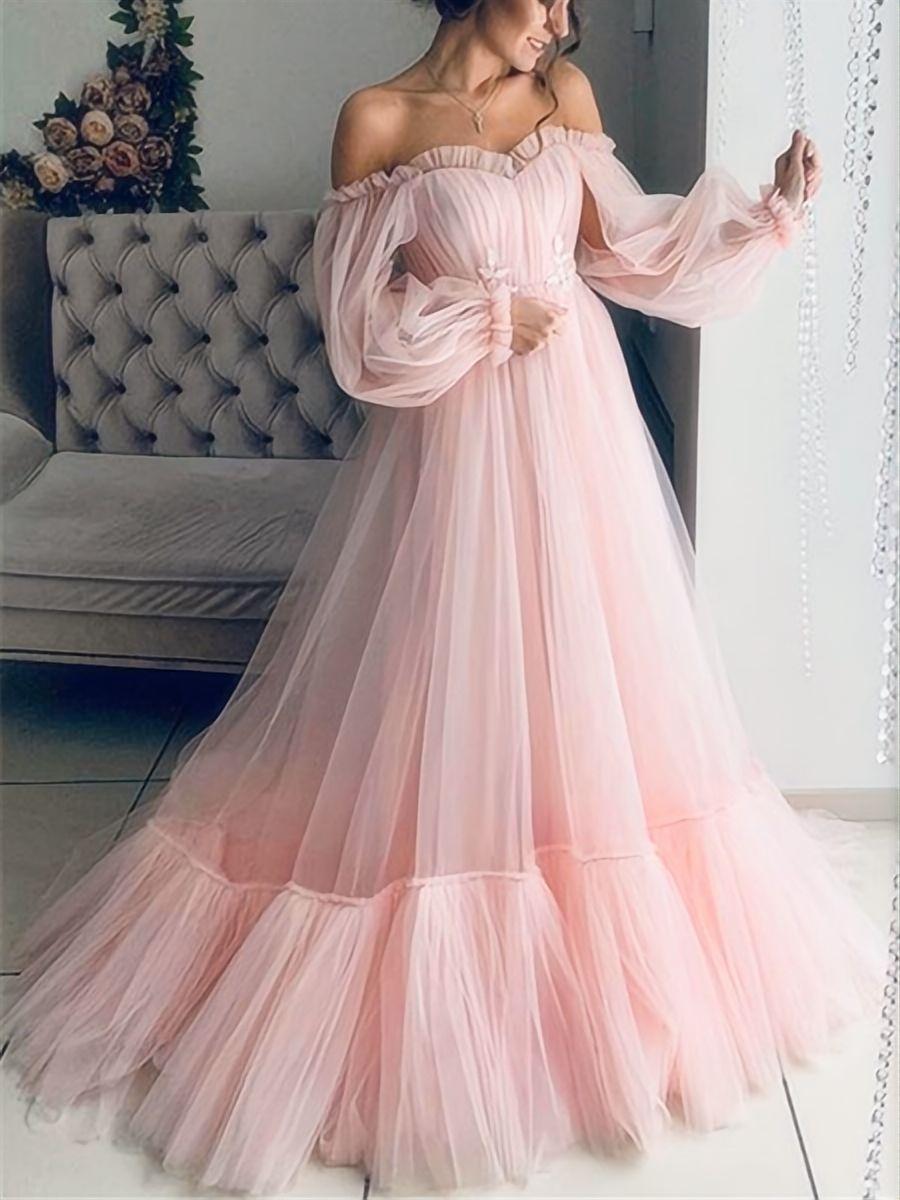 Off-shoulder Mesh Long Sleeves Backless Big Swing Maxi Dresses