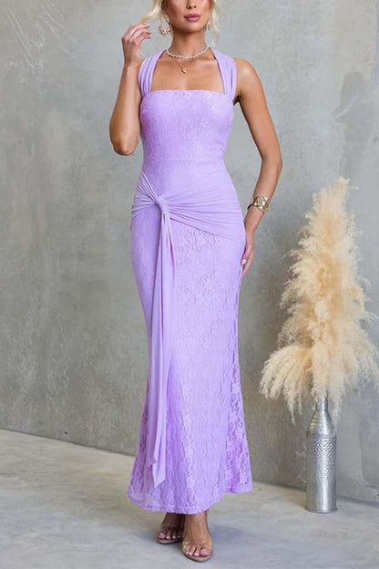 Square Neck Sleeveless Ruched Knot Lace Maxi Dress