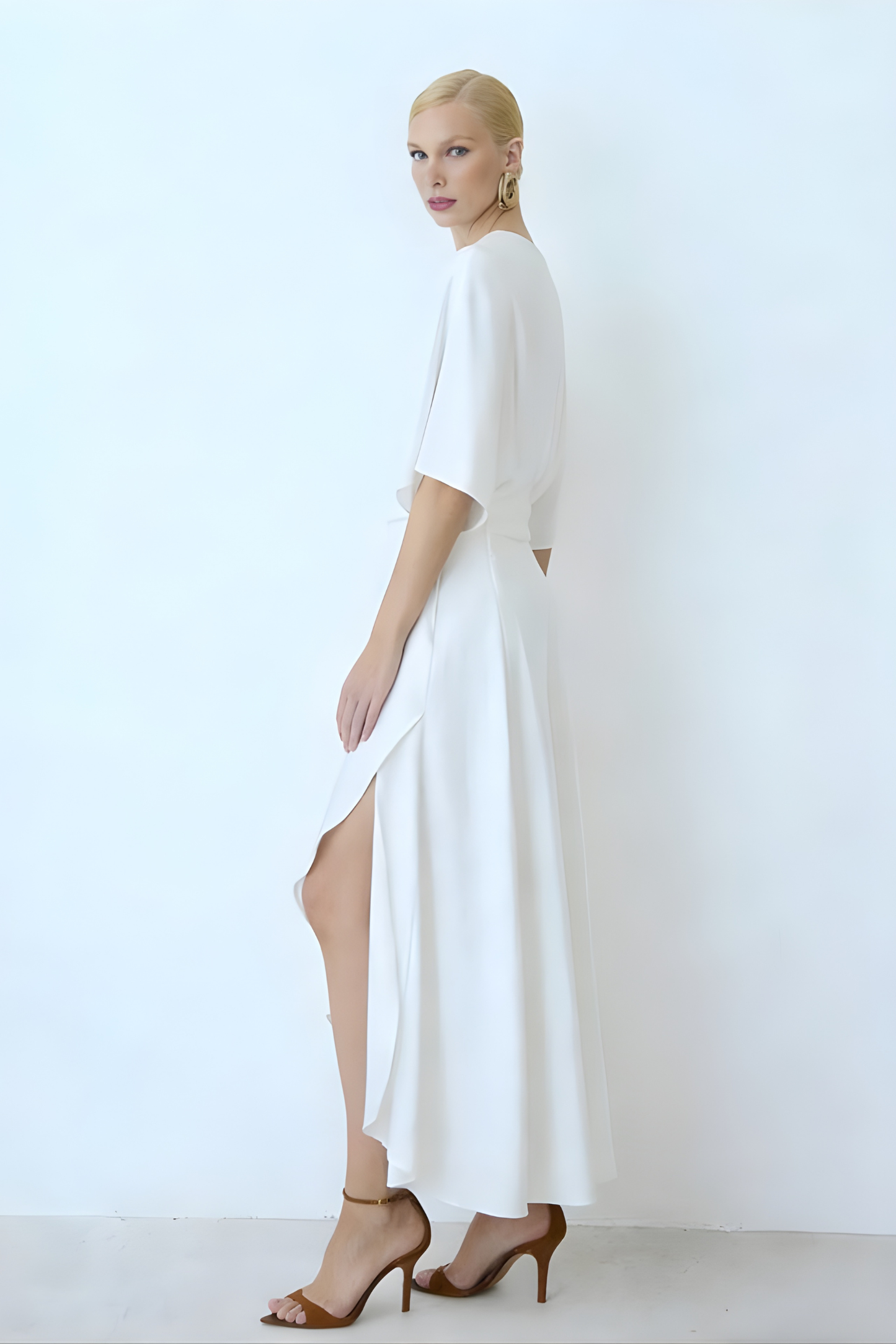 Asymmetric Cape-Shoulder Wrap Midi Dress