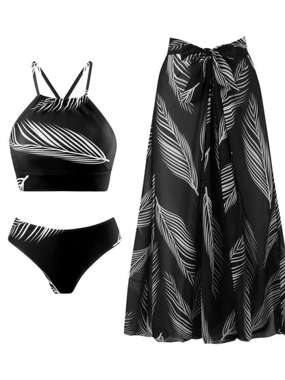 Feather Print Two-Piece Swimsuit With Sun Protection And Skirt (Three-Piece Set)