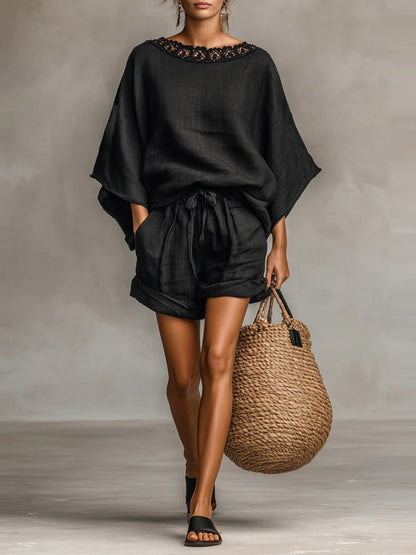 Simplicity Hood Batwing Sleeves T-shirts Bandage Loose-fit Stylish Shorts Set 2-piece Sets