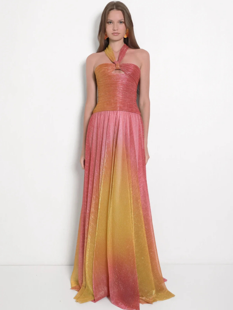 Metallic Plisse Halter Keyhole Ruched Bodice Maxi Gown