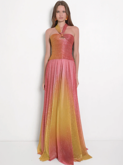 Metallic Plisse Halter Keyhole Ruched Bodice Maxi Gown
