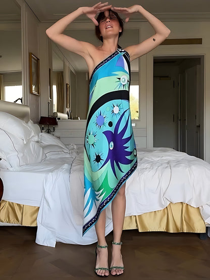 One Shoulder Celestial Print Asymmetrical Handkerchief Hem Midi Dress