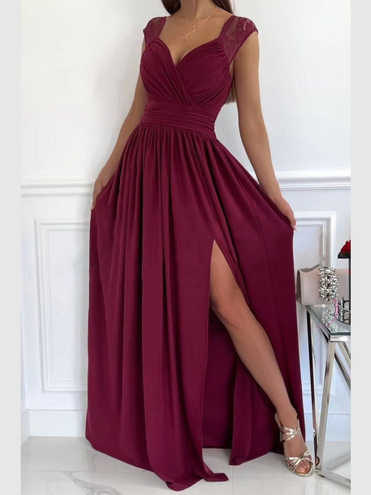 Sleeveless Lace Backless Long Dress With Slit Hem