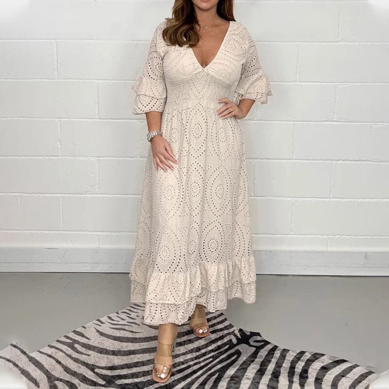 Broderie Anglaise Deep V-Neck Smocked Waist Tiered Ruffle Cuff Maxi Dress