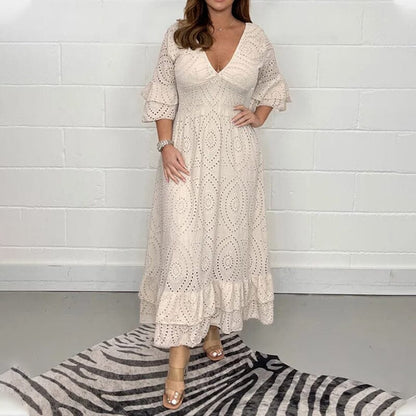 Broderie Anglaise Deep V-Neck Smocked Waist Tiered Ruffle Cuff Maxi Dress