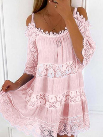 Lace Trim Hollow Out Splicing Spaghetti Strap Off-shoulder Mini&Short Dresses