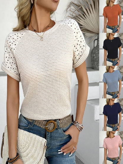 Hollow Out Splicing Crew Neck Short Sleeve T-shirts