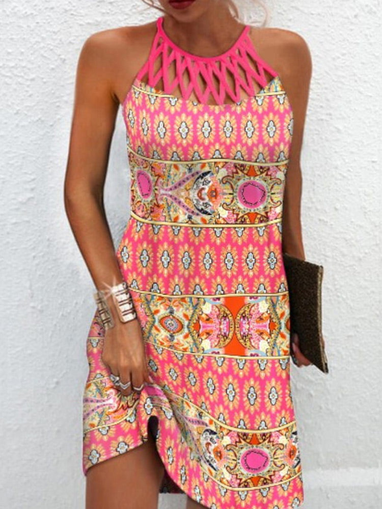 Lattice Halter Bohemian Stripe Print Sleeveless Shift Mini Dress