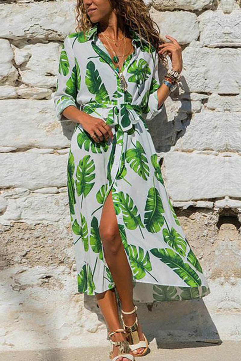 Tropical Botanical Print Collared Button-Front Tie-Waist Maxi Shirt Dress