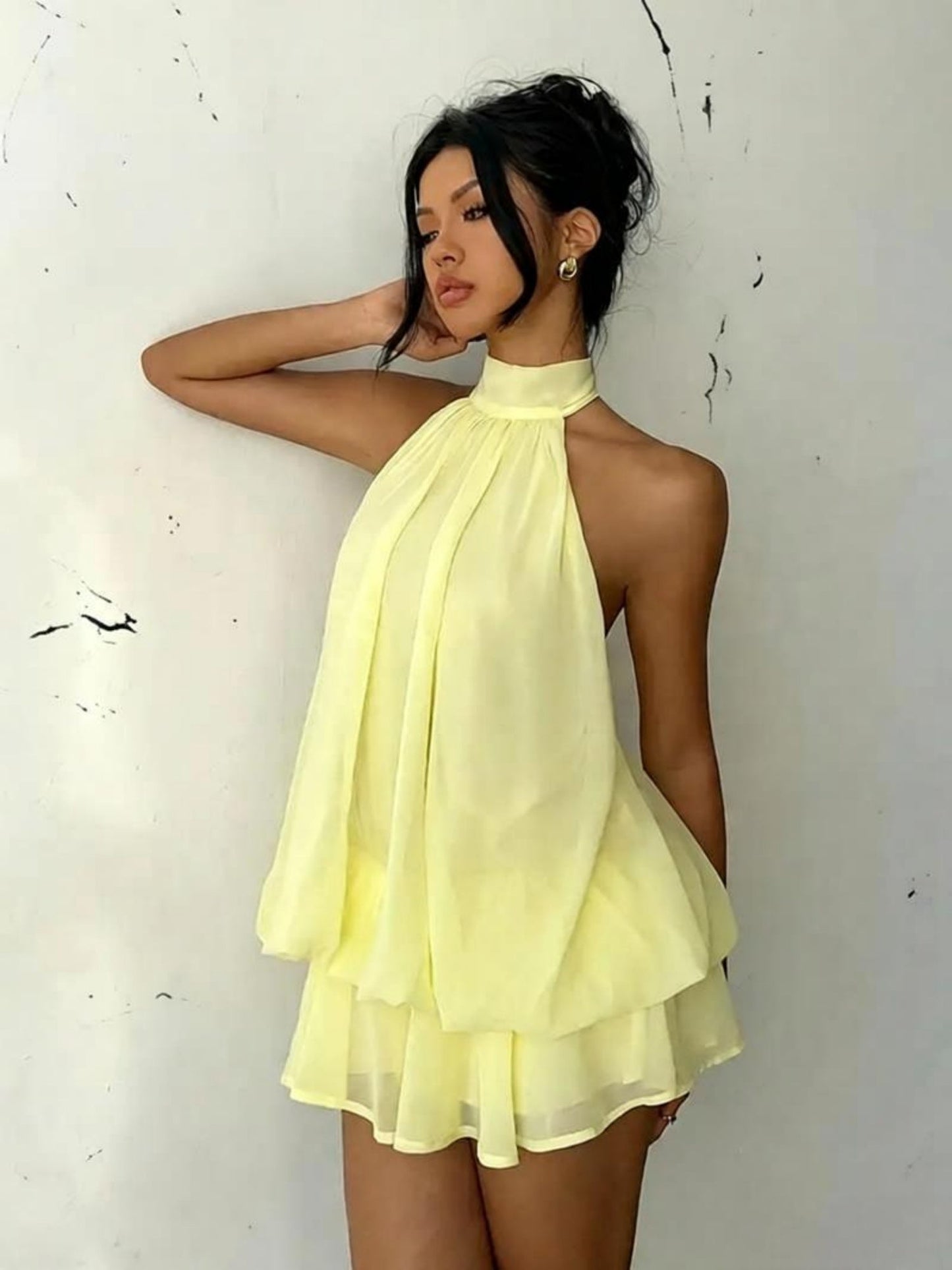 Chiffon Ruffle Halter Neck And Backless Mini&Short Dresses