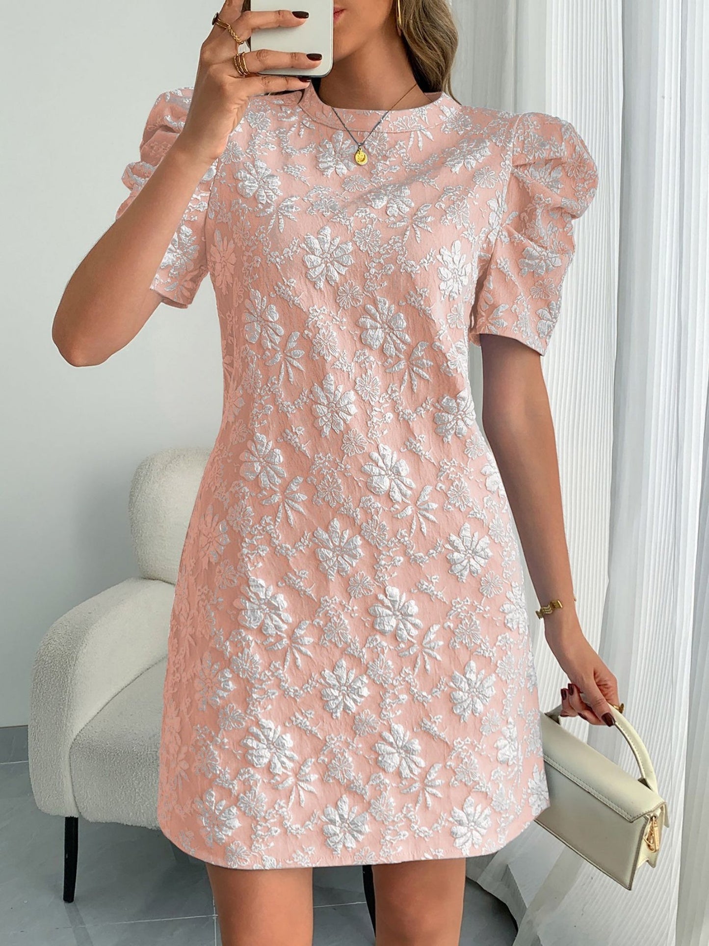 Flower Jacquard Round Neck Puff Sleeves Mini&Short Dresses