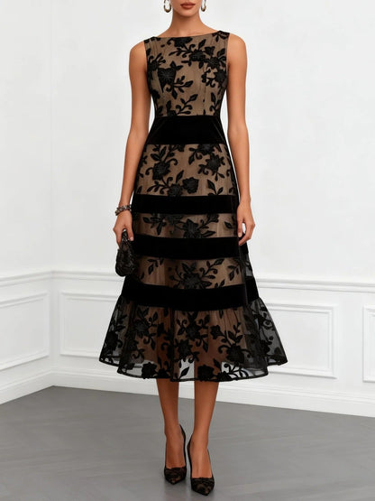 Black Mesh Flocked Jacquard Patchwork Slim-fit Midi Dress