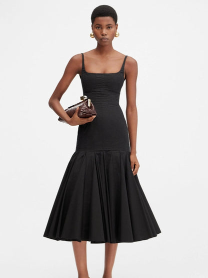 Square Neck Panel Seamed Corset Bodice Pleated Flare Midi Dress