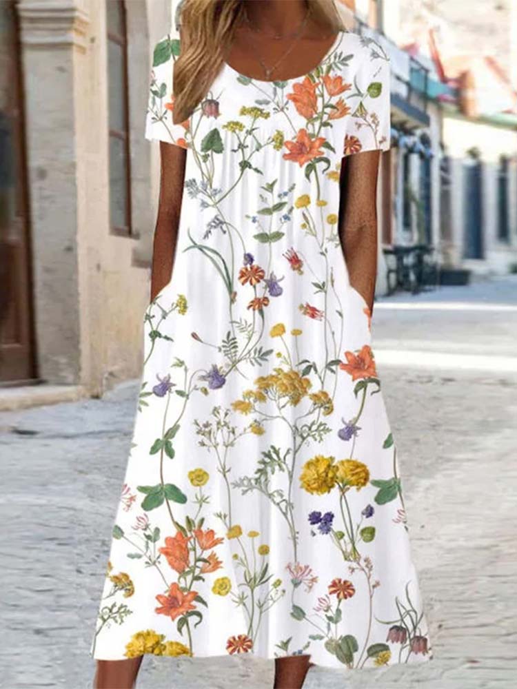 Botanical Floral Print Round Neck Short Sleeve Pocket Maxi Dress