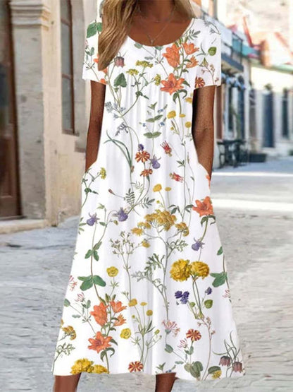 Botanical Floral Print Round Neck Short Sleeve Pocket Maxi Dress