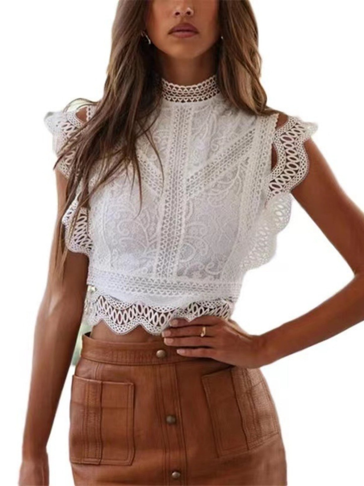 Lace Trim Hollow Out Splicing Flying Sleeves Tank Tops