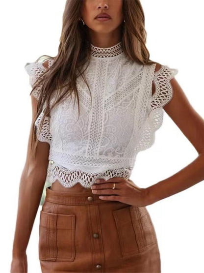 Lace Trim Hollow Out Splicing Flying Sleeves Tank Tops
