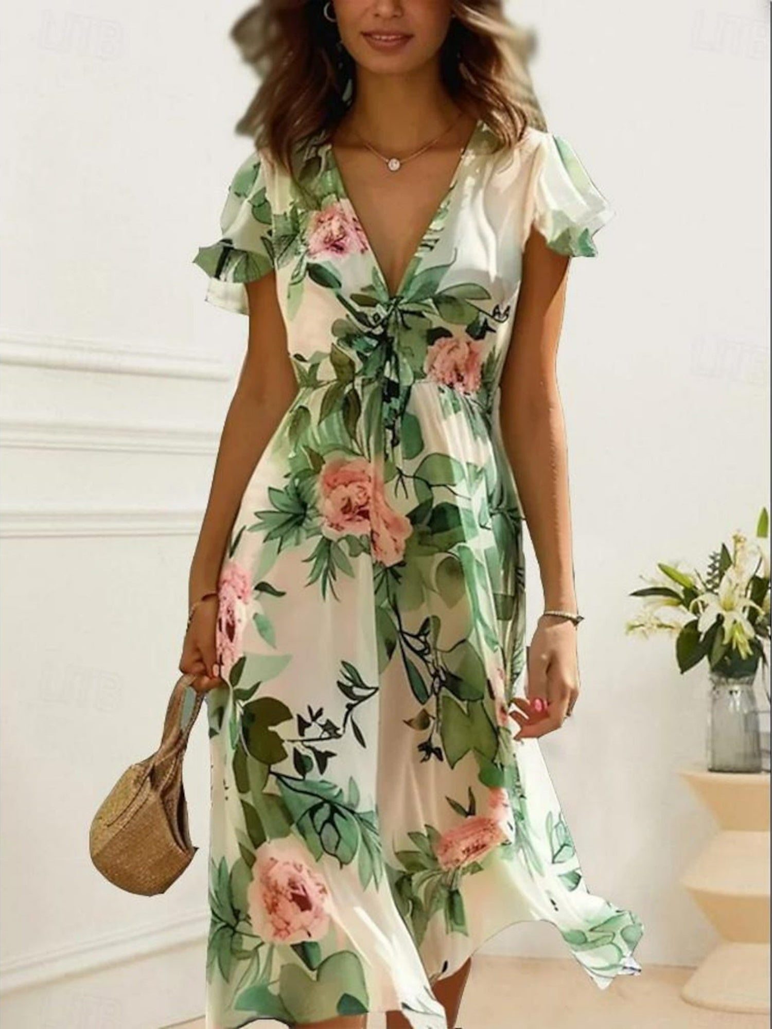 Floral Print V-neck Short Sleeve Maxi Dresses