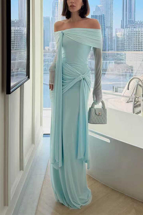 Margovil Off Shoulder Long Sleeves Knot Waist Draped Maxi Dress
