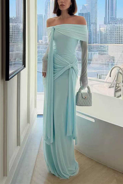 Margovil Off Shoulder Long Sleeves Knot Waist Draped Maxi Dress