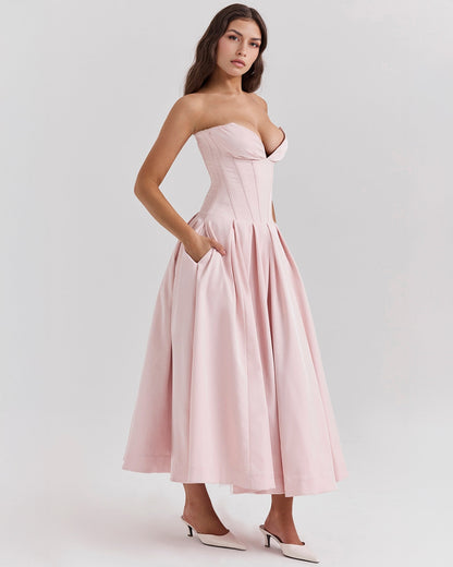 Strapless Corset Sweetheart Neckline Box Pleat A-Line Midi Dress