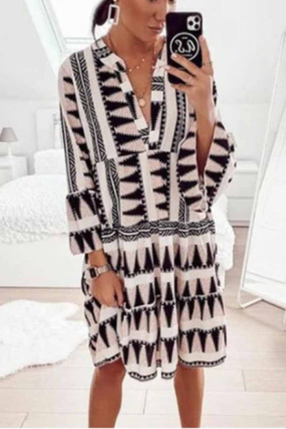 Geometric Print Mandarin Collar Bell Sleeve Tiered Mini Dress