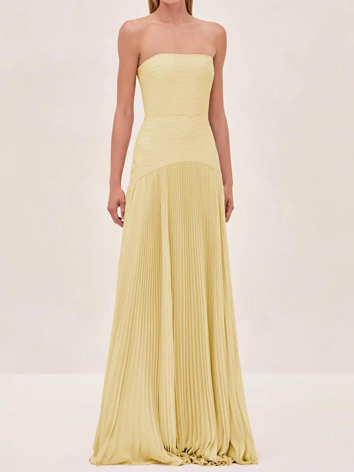 Strapless Vertical Accordion Pleated Floor Length Ball Gown Maxi Dress