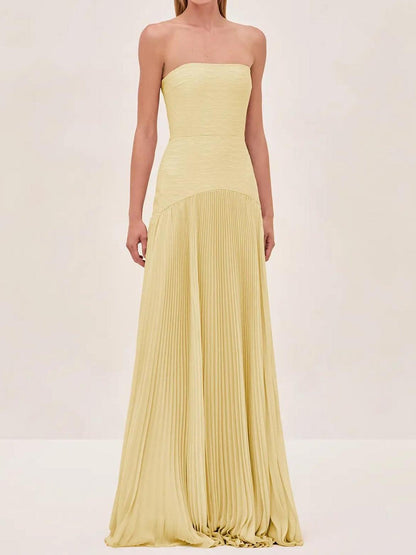 Strapless Vertical Accordion Pleated Floor Length Ball Gown Maxi Dress